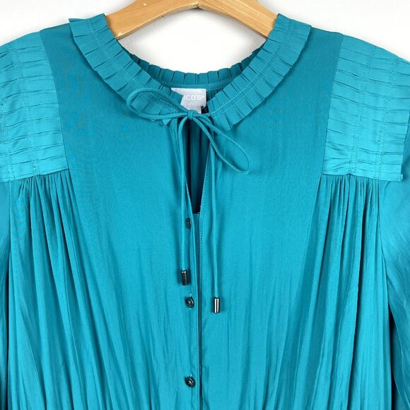 Chicos 2 Midi Dress 12 Teal Green Crinkle Pleated 3/4 Sleeve Button Up Tie Waist - Picture 6 of 16